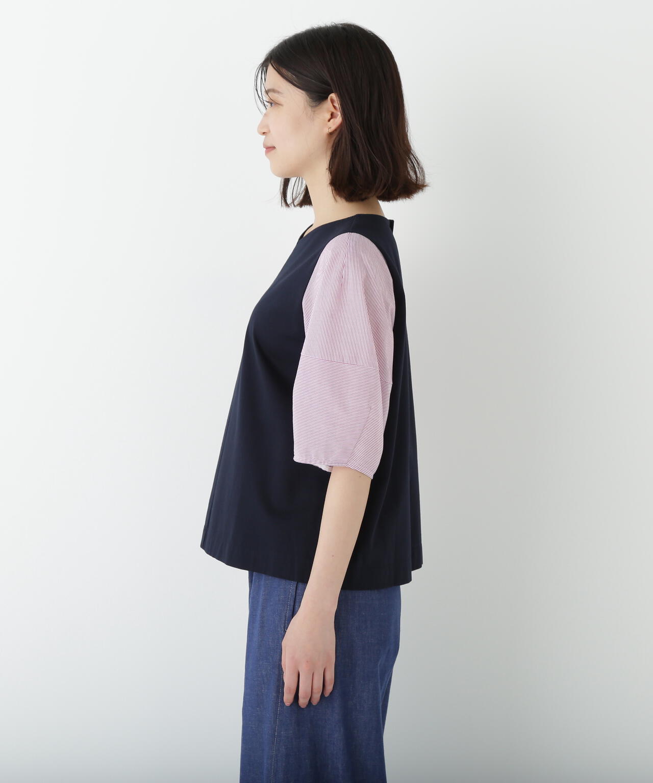 シアーストライプドッキングVネックカットソープルオーバー