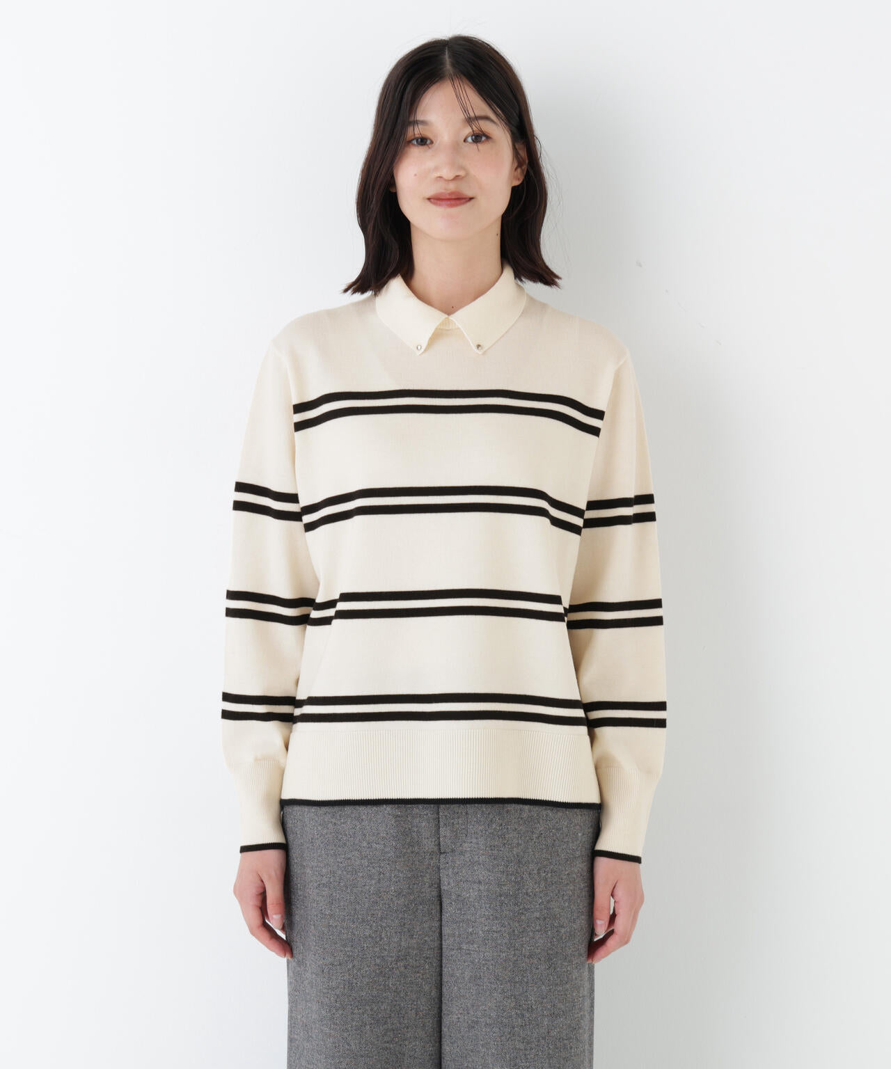 ≪洗える≫ハイゲージプレーティング天竺衿付きニット