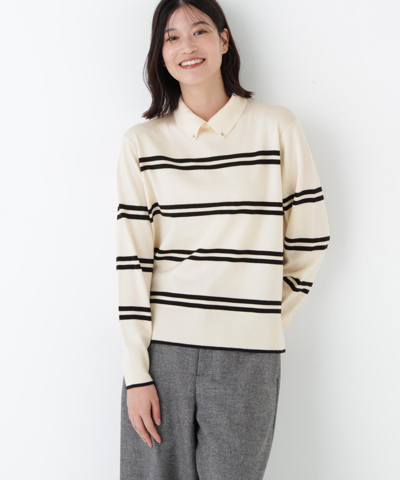 ≪洗える≫ハイゲージプレーティング天竺衿付きニット