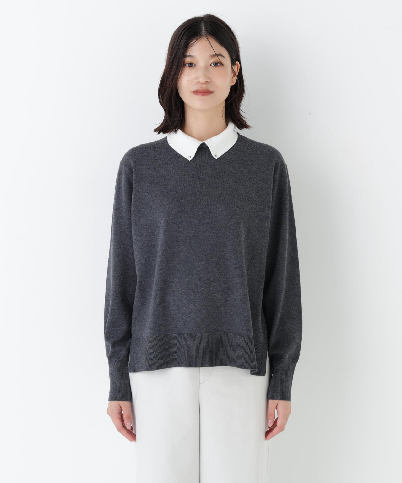 ≪洗える≫ハイゲージプレーティング天竺衿付きニット