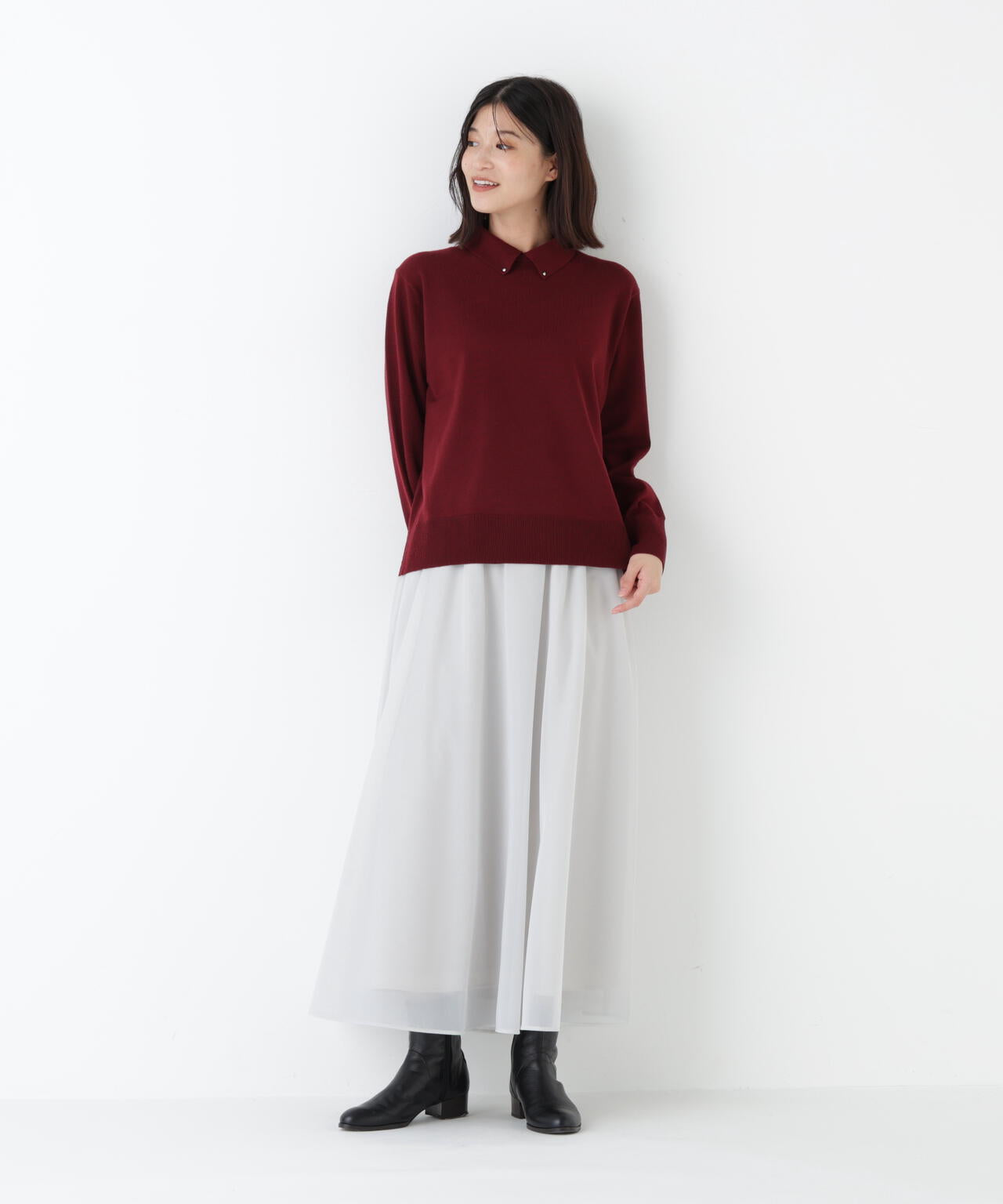 ≪洗える≫ハイゲージプレーティング天竺衿付きニット