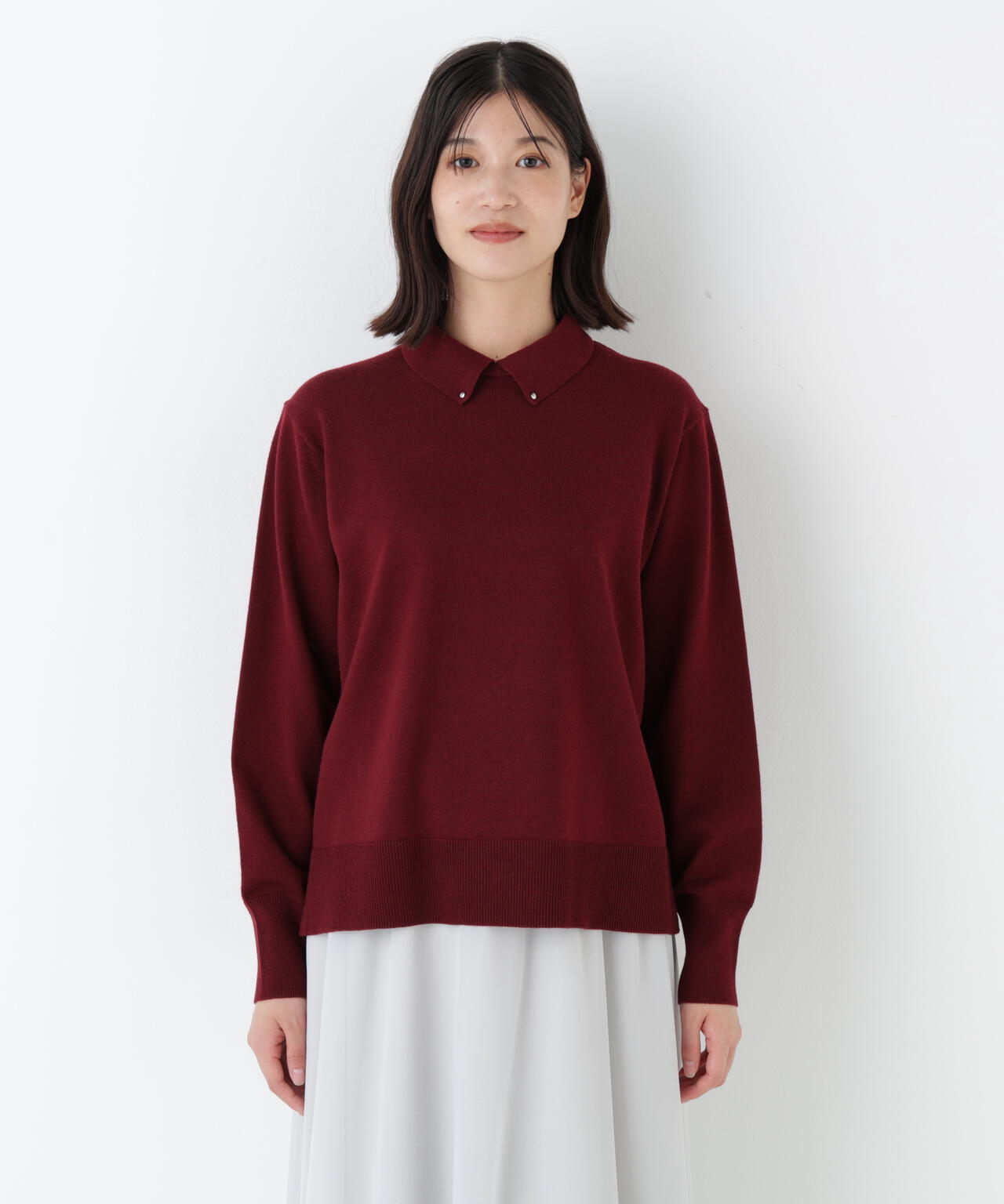 ≪洗える≫ハイゲージプレーティング天竺衿付きニット