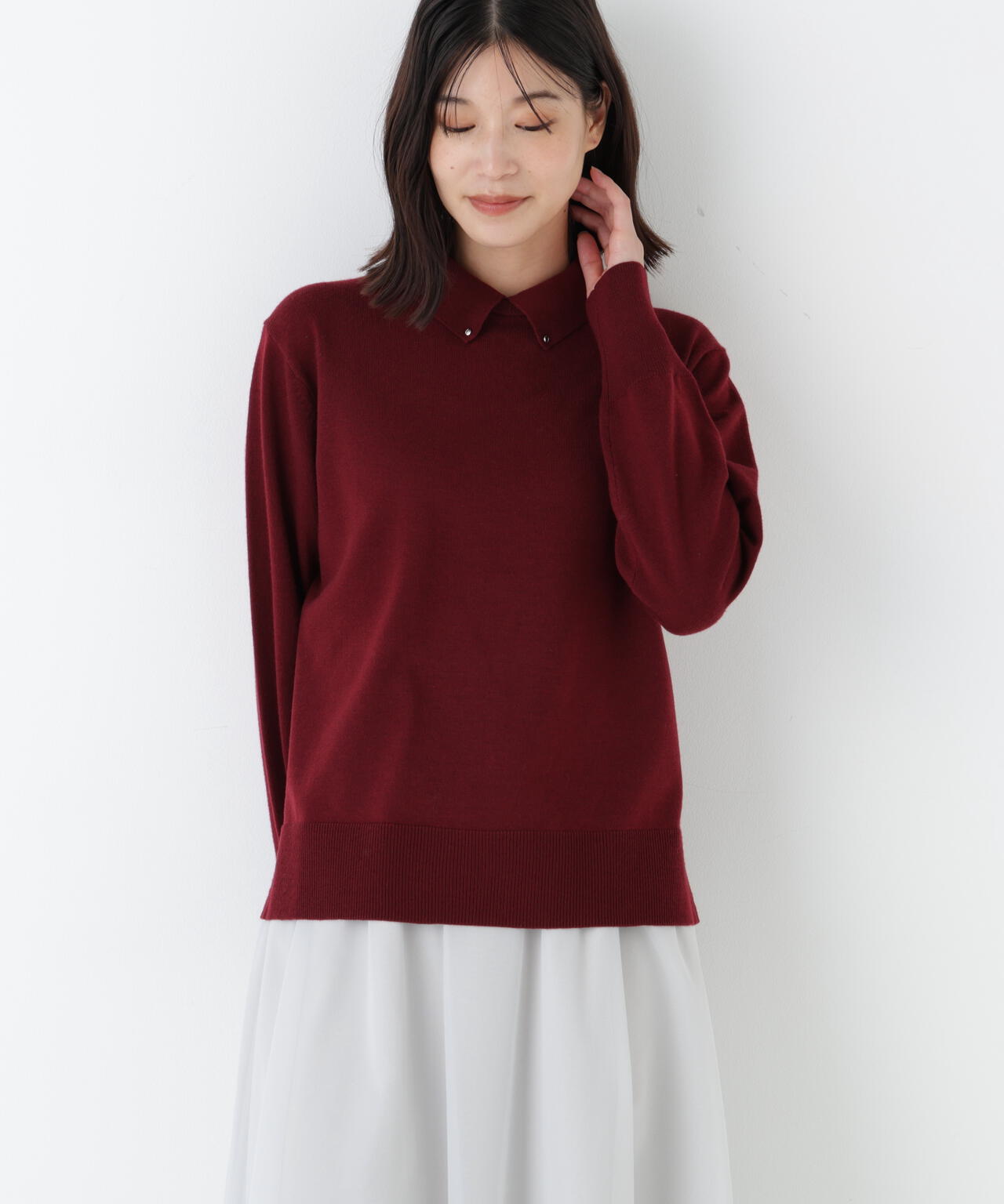 ≪洗える≫ハイゲージプレーティング天竺衿付きニット