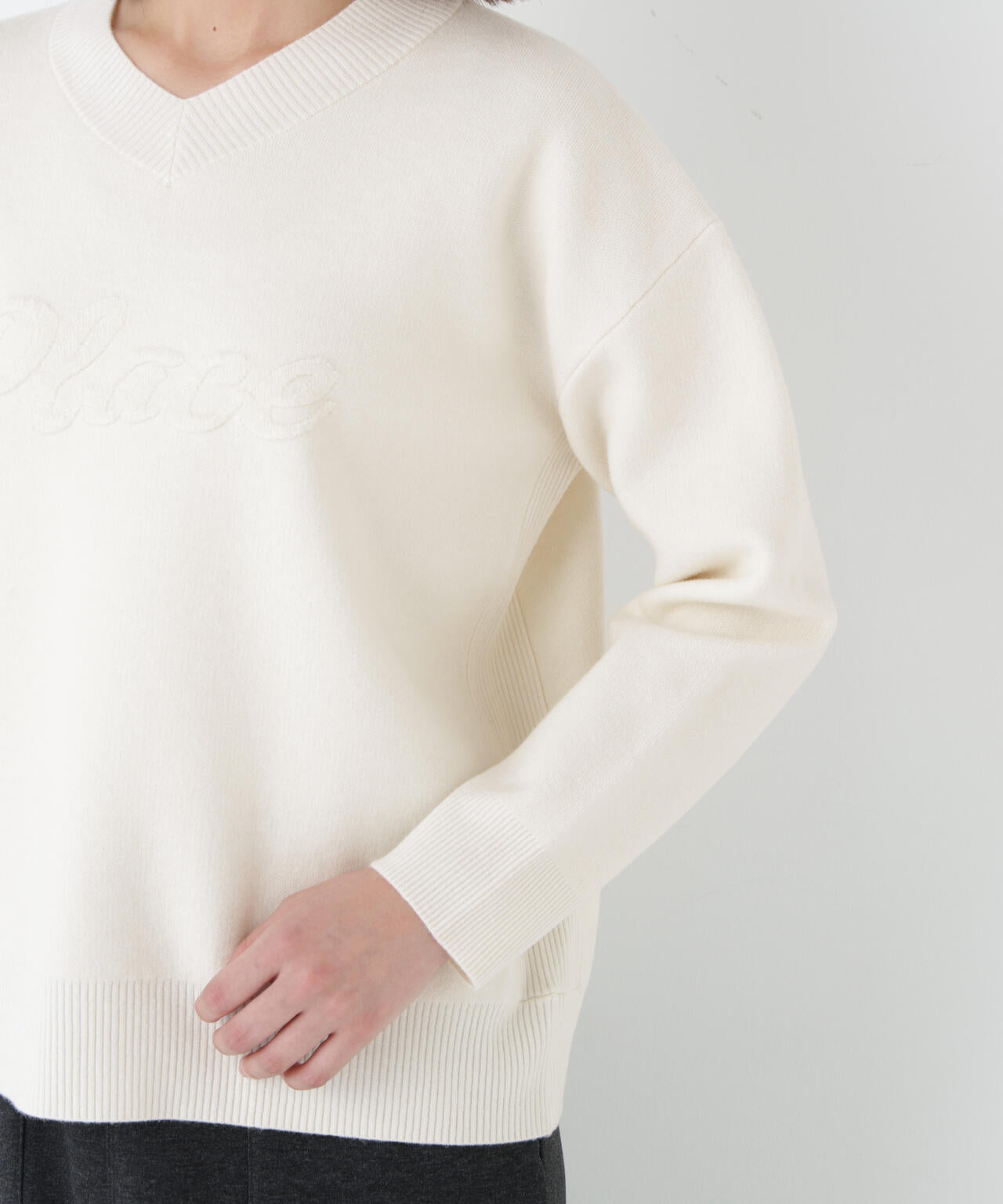 レタードジャガードVネックニット