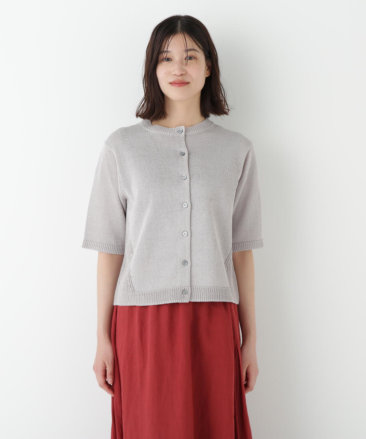 ミドルゲージギマクルーネック半袖カーディガン