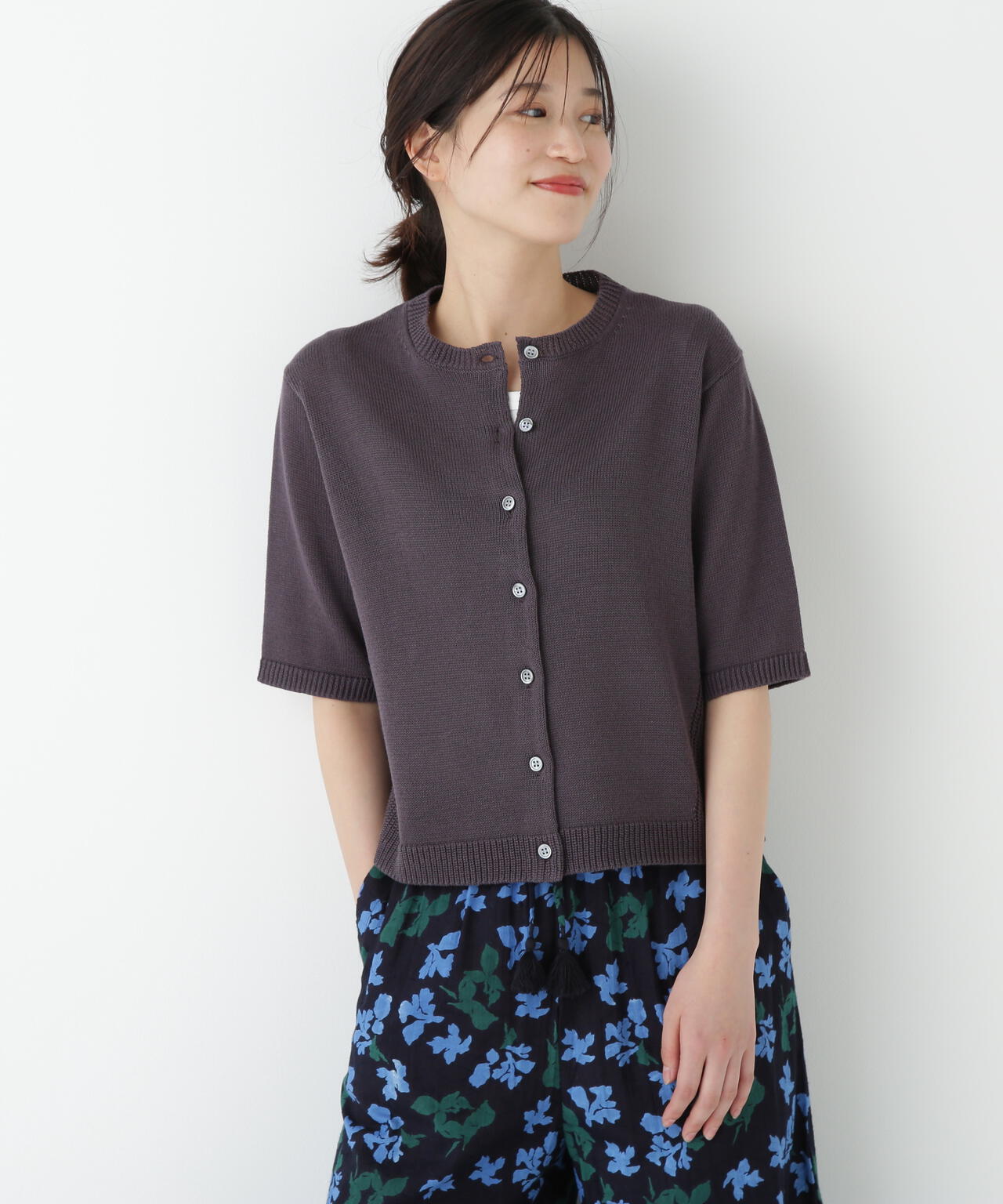 ミドルゲージギマクルーネック半袖カーディガン