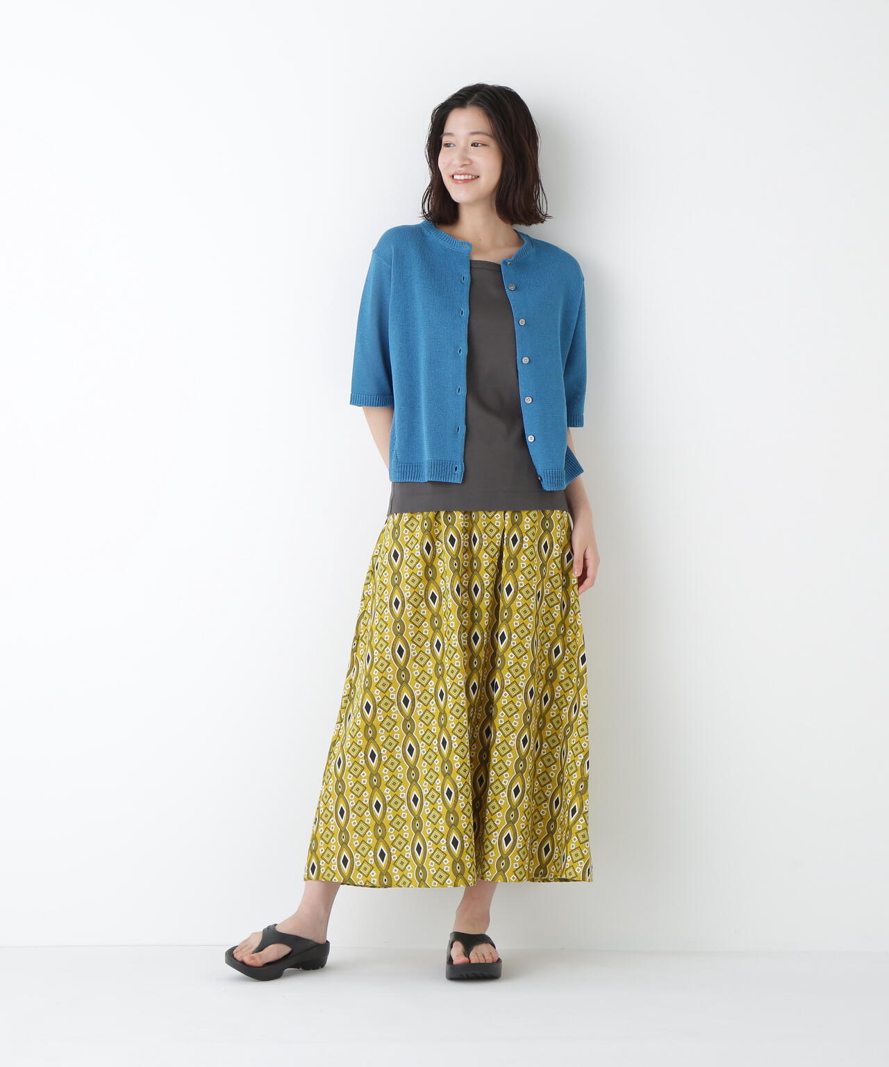 ミドルゲージギマクルーネック半袖カーディガン