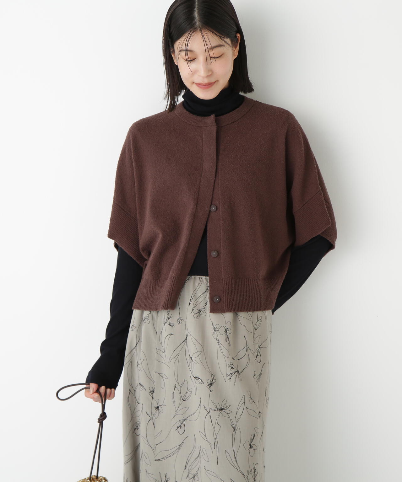 綿ナイロンブークレ半袖カーディガン
