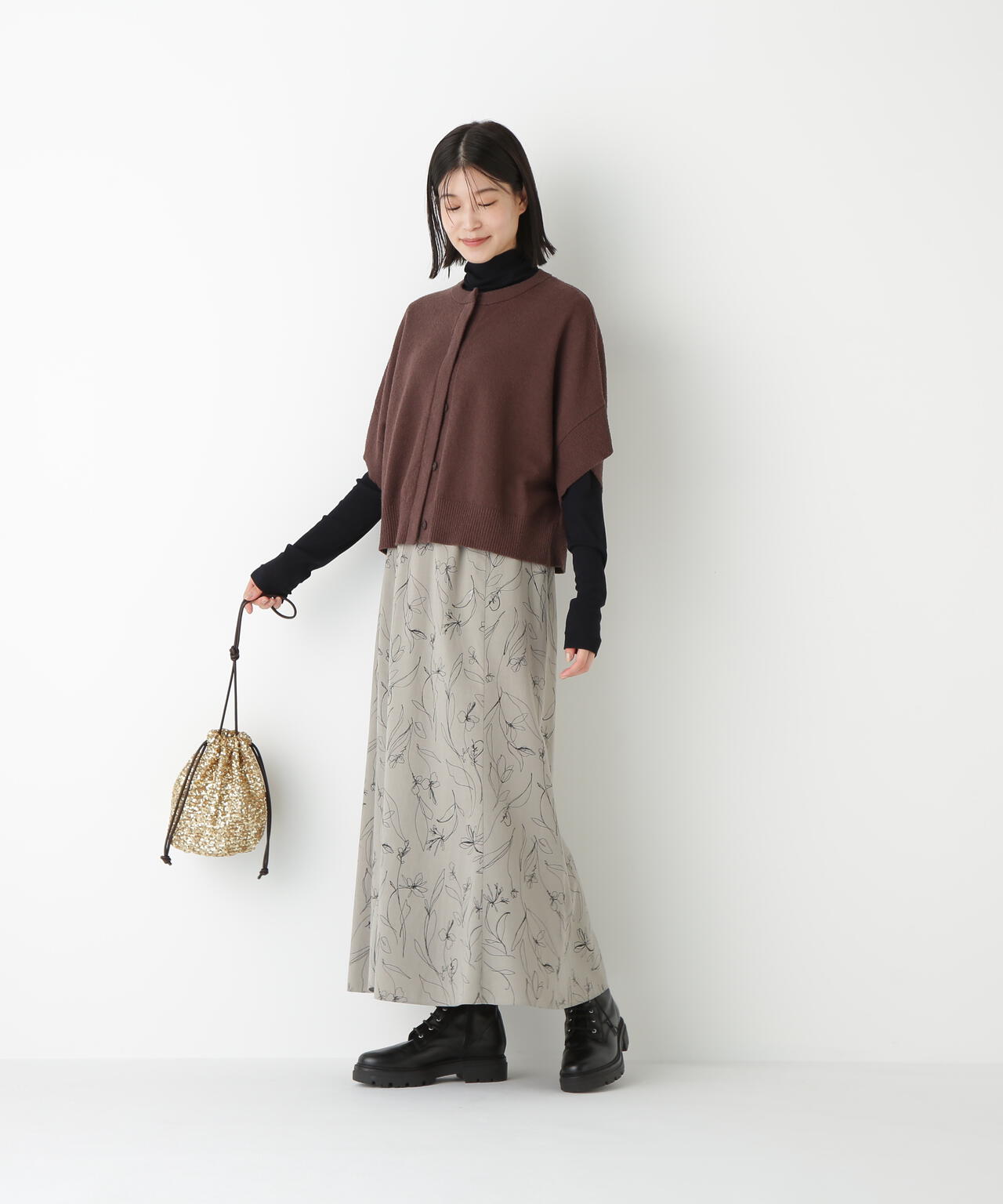 綿ナイロンブークレ半袖カーディガン