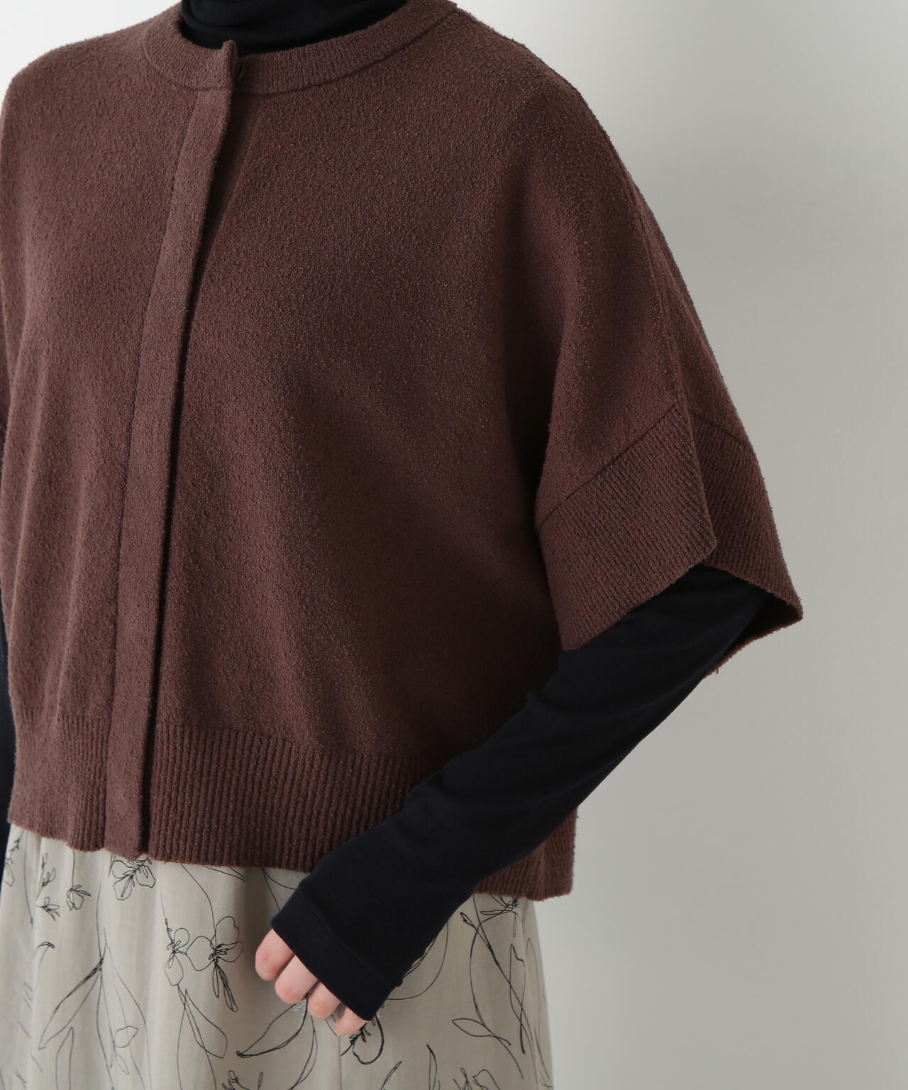 綿ナイロンブークレ半袖カーディガン