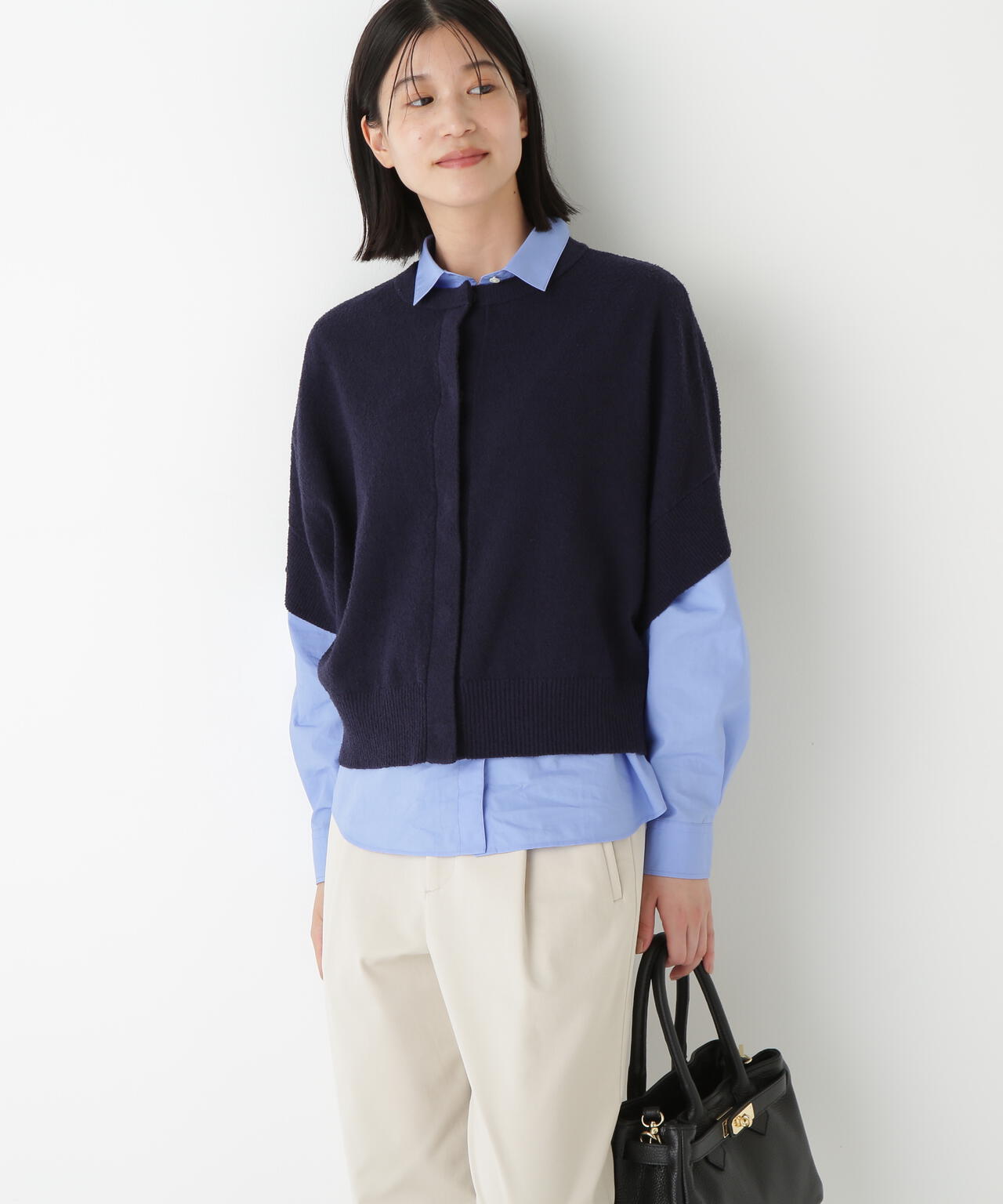 綿ナイロンブークレ半袖カーディガン