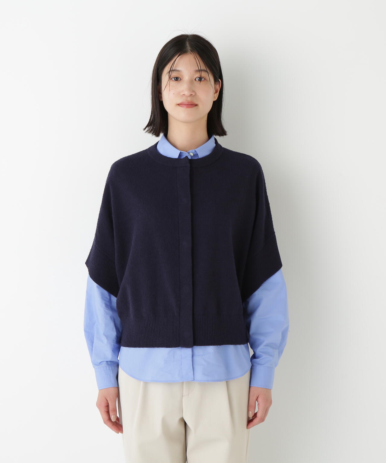 綿ナイロンブークレ半袖カーディガン