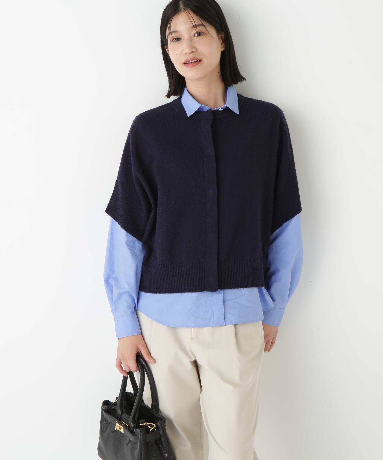 綿ナイロンブークレ半袖カーディガン