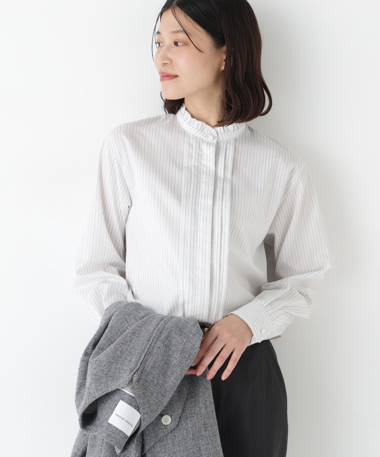 ≪洗える≫先染めストライプスタンドフリルブラウス