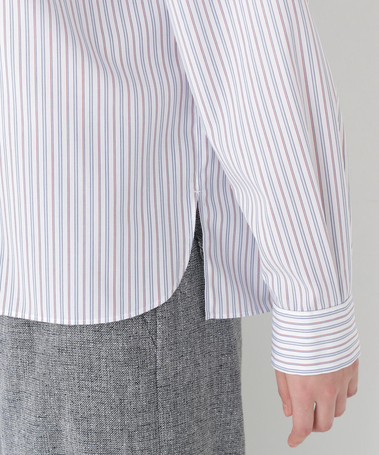 ≪洗える≫先染めストライプスタンドフリルブラウス