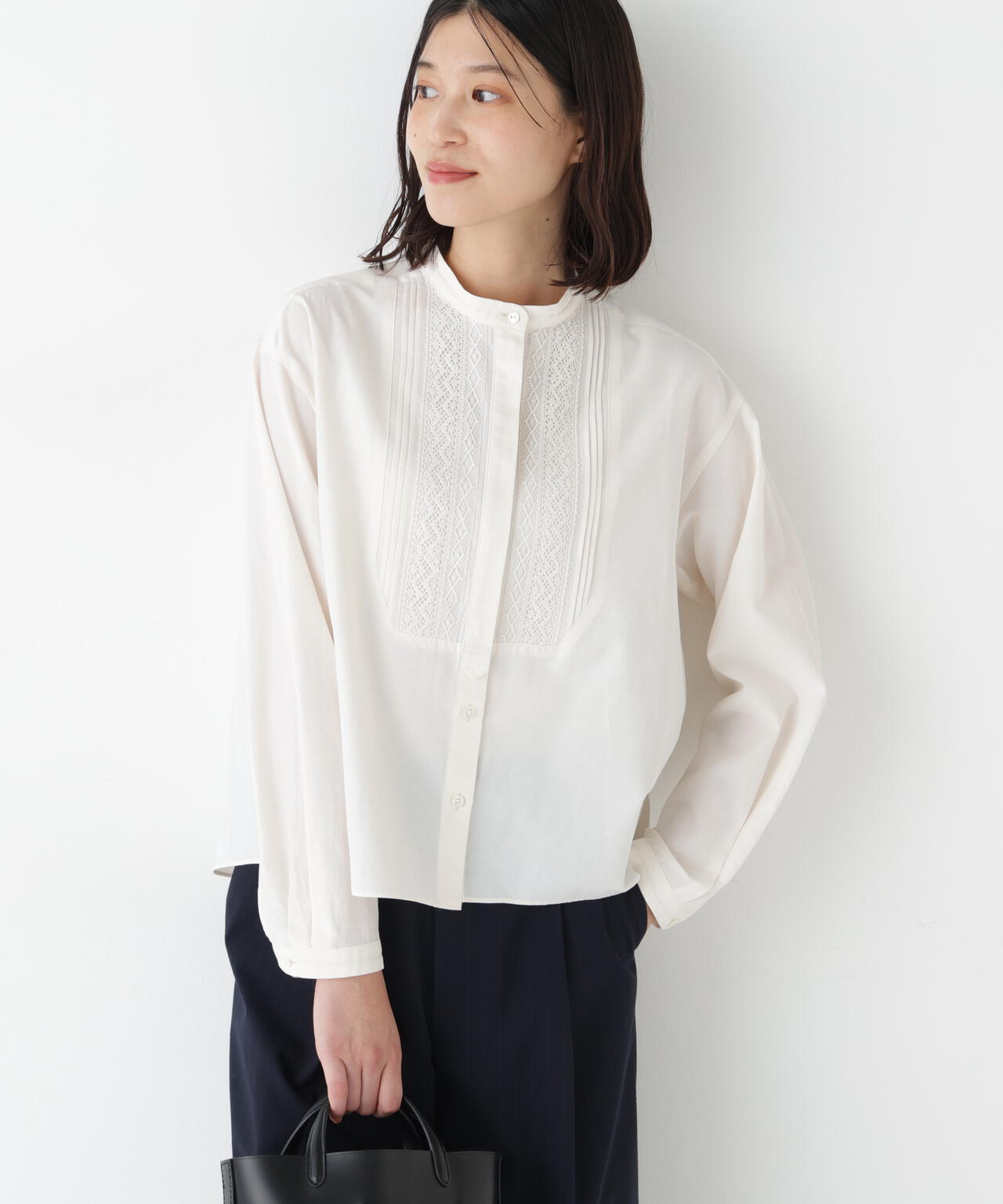 ≪洗える≫レースドッキングバンドカラーブラウス