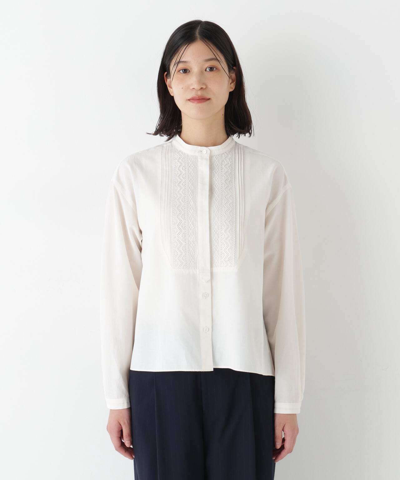 ≪洗える≫レースドッキングバンドカラーブラウス