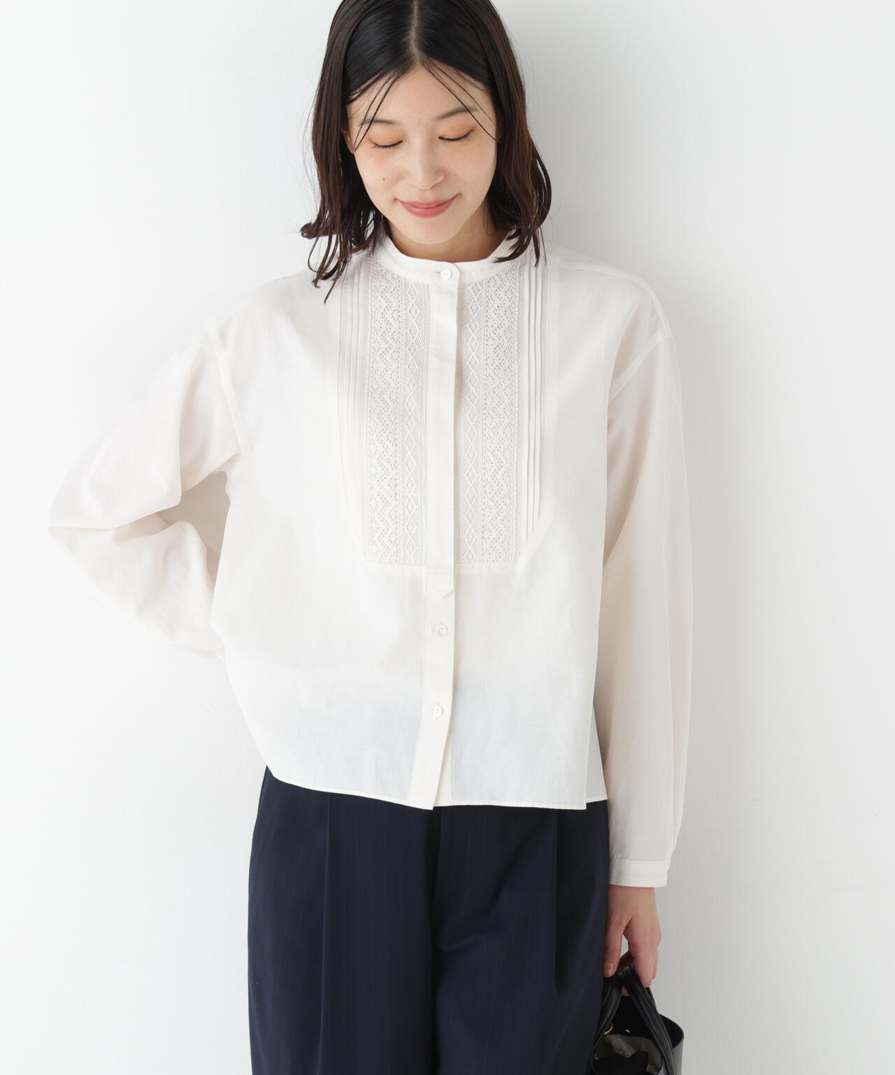 ≪洗える≫レースドッキングバンドカラーブラウス