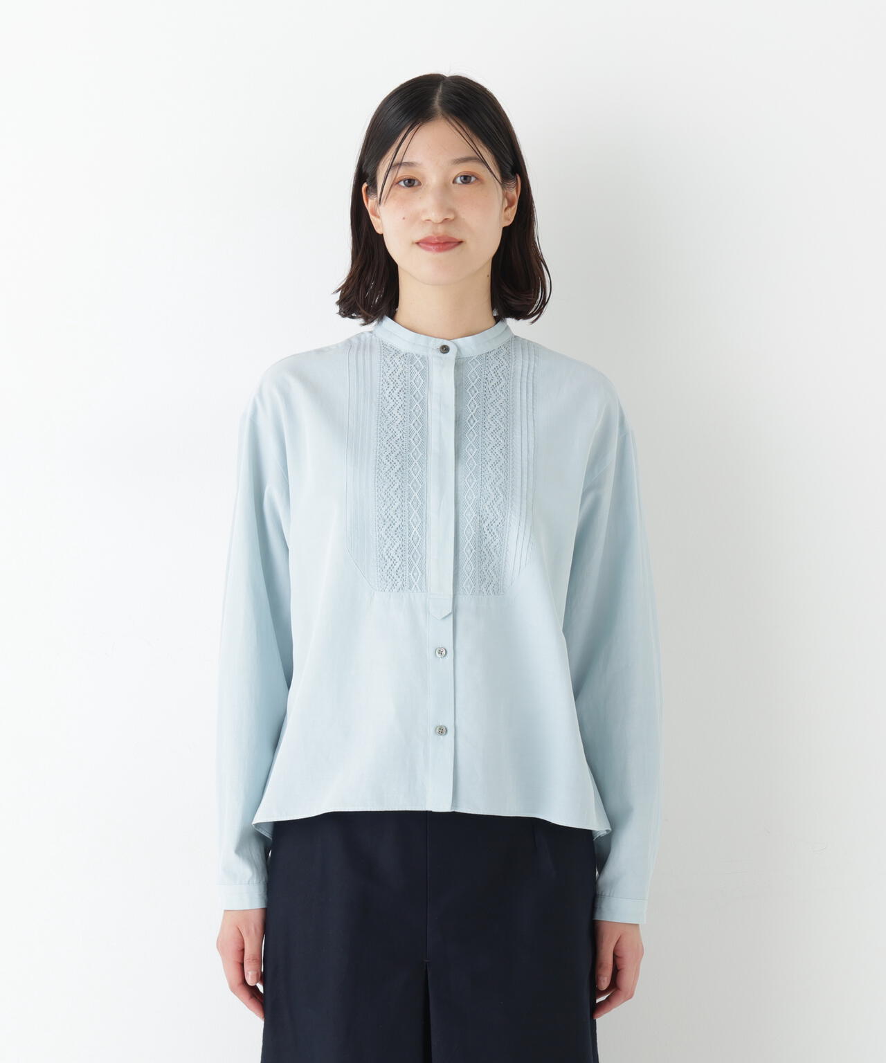 ≪洗える≫レースドッキングバンドカラーブラウス