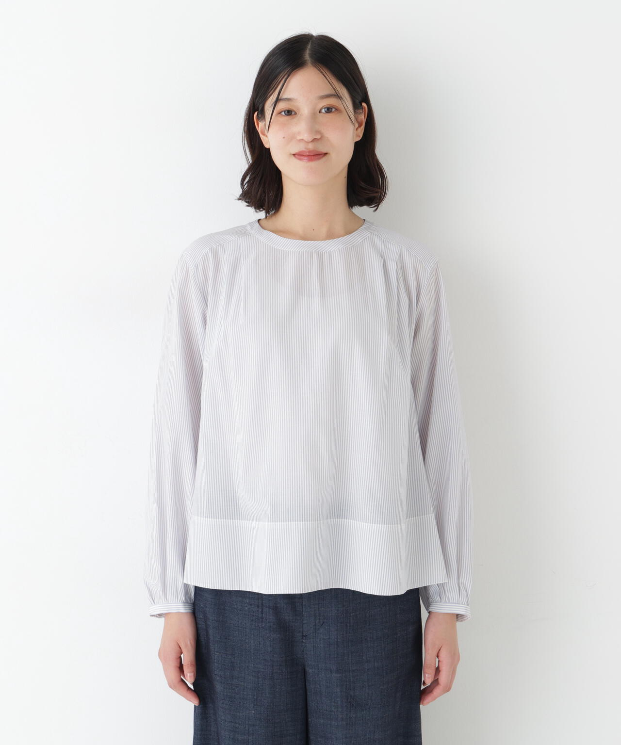 《洗える》ストライプボリュームブラウス