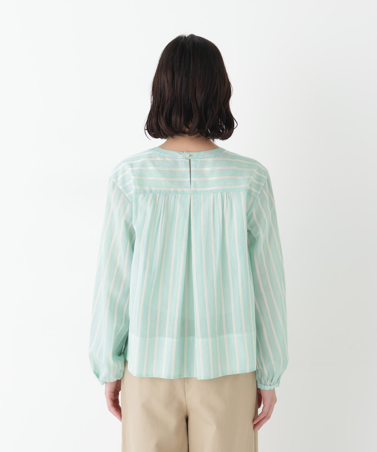 《洗える》ストライプボリュームブラウス