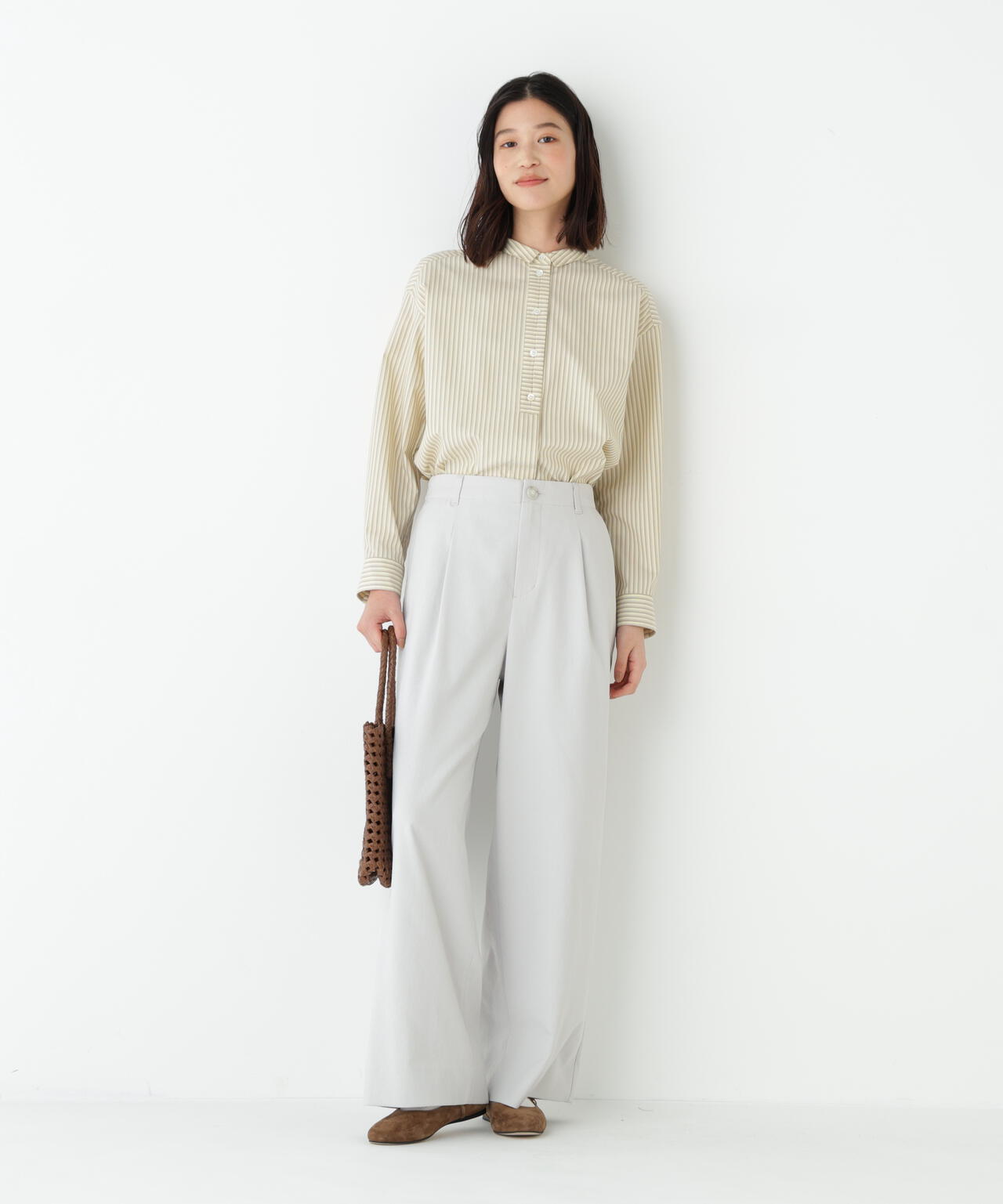 《形態安定 / 洗える》コットンストライプボックスブラウス