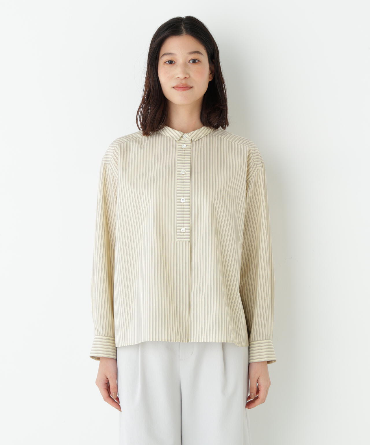 《形態安定 / 洗える》コットンストライプボックスブラウス
