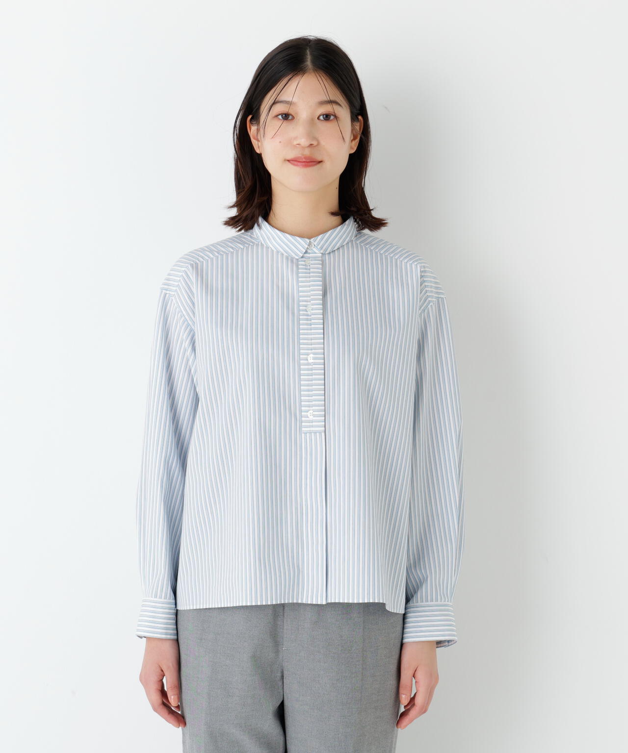 《形態安定 / 洗える》コットンストライプボックスブラウス