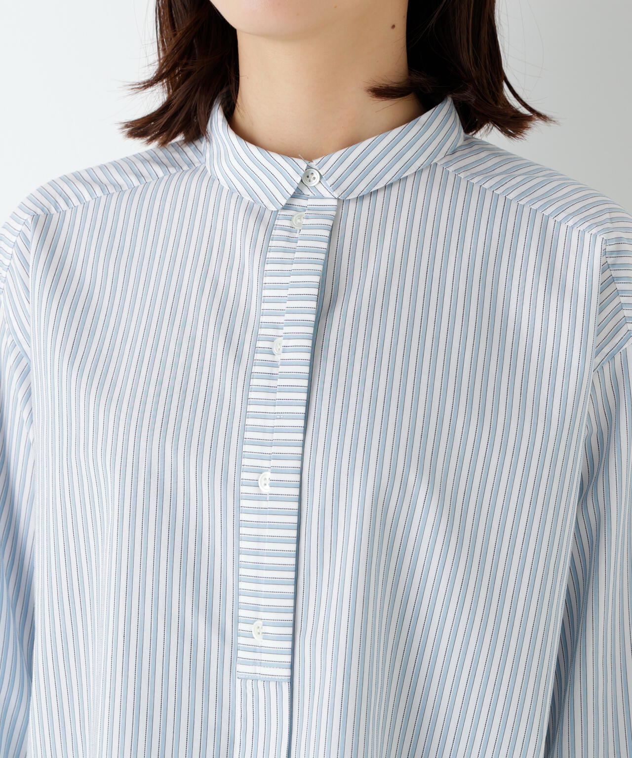 《形態安定 / 洗える》コットンストライプボックスブラウス
