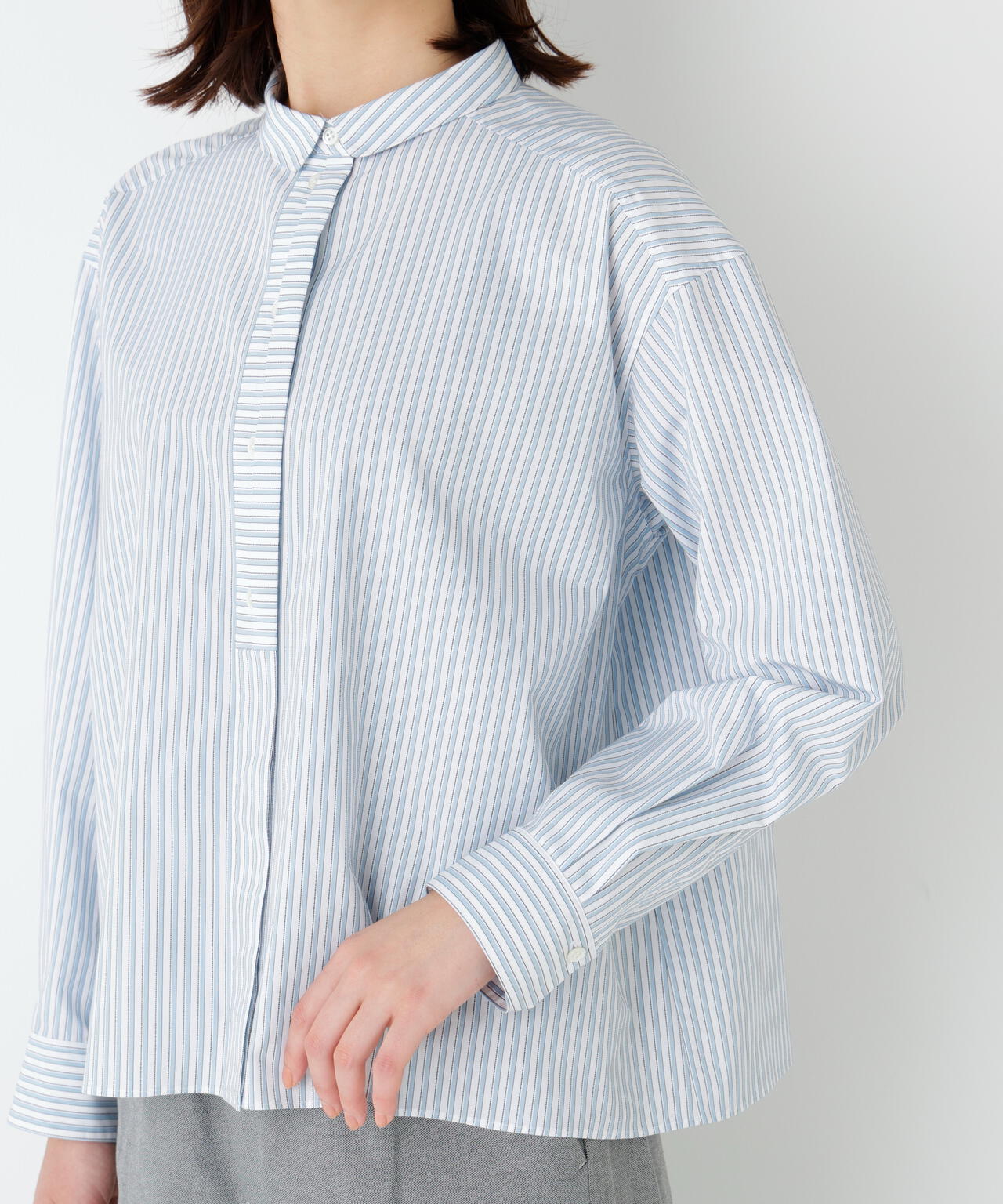 《形態安定 / 洗える》コットンストライプボックスブラウス