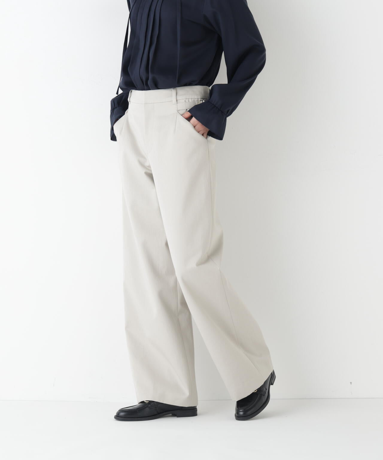 《マルチサイズ展開 / 洗える》 オーガニックコットン ダブルクロスセミワイドパンツ