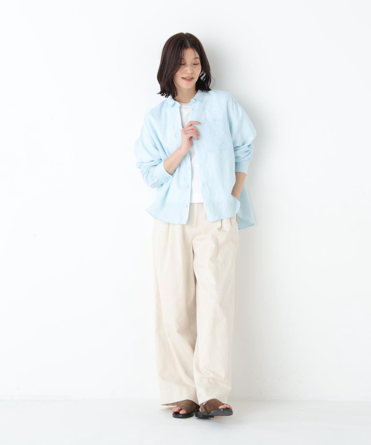 《洗える》綿麻ライトオンスデニムワイドパンツ