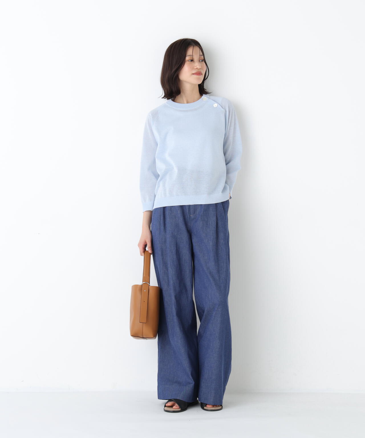 《洗える》綿麻ライトオンスデニムワイドパンツ