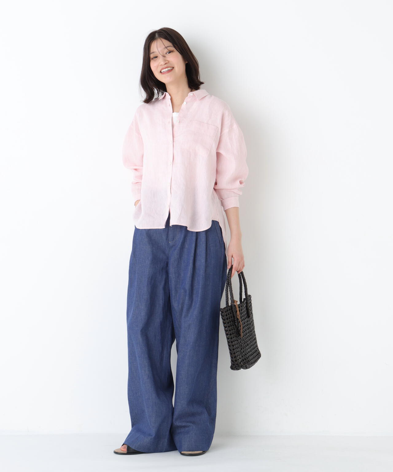 《洗える》綿麻ライトオンスデニムワイドパンツ