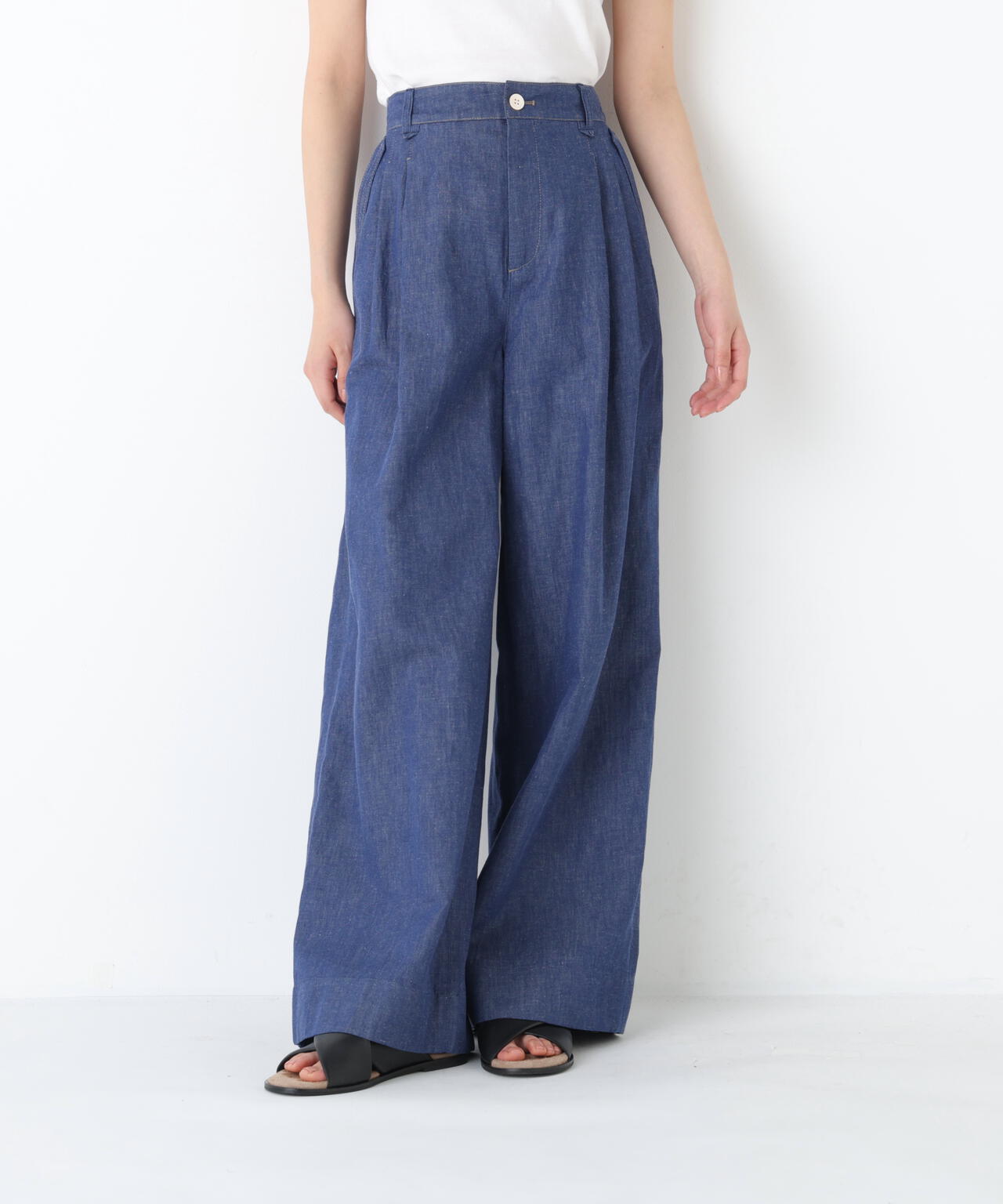 《洗える》綿麻ライトオンスデニムワイドパンツ