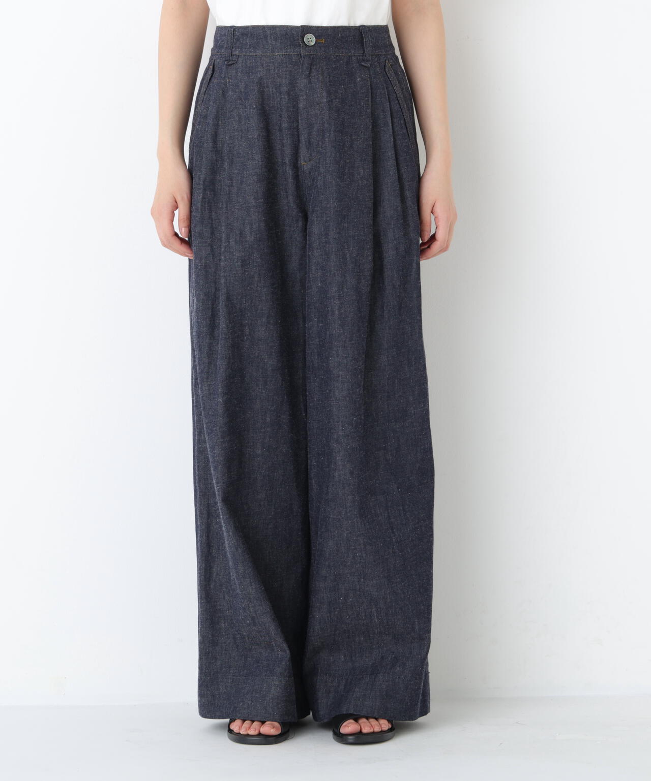 《洗える》綿麻ライトオンスデニムワイドパンツ