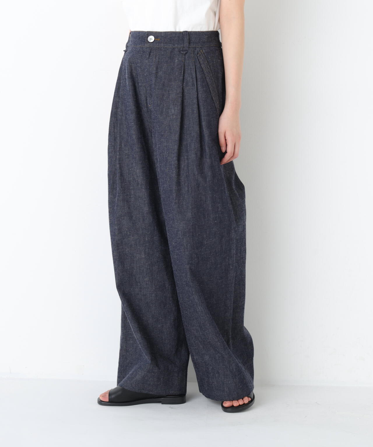 《洗える》綿麻ライトオンスデニムワイドパンツ