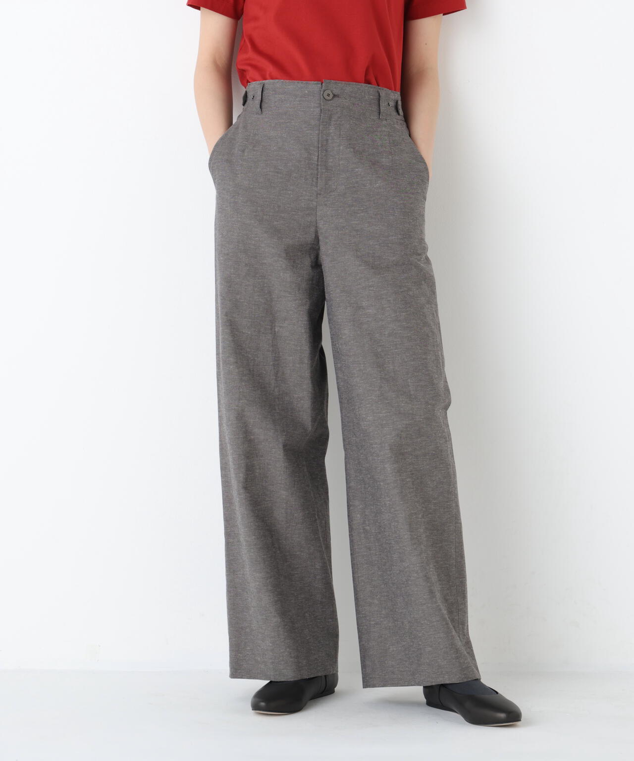 《定番素材 / 洗える》綿麻シャンブレーセミワイドパンツ