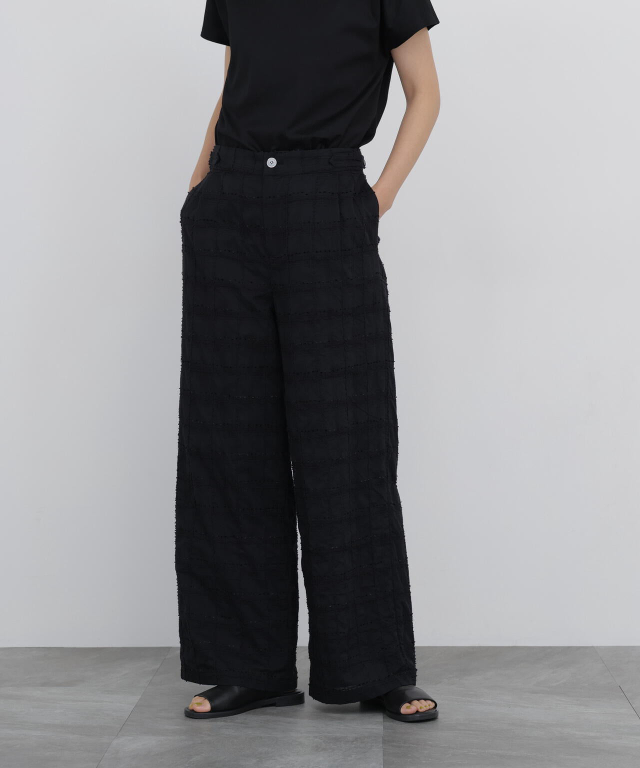 《洗える》モール刺繍チェック柄パンツ