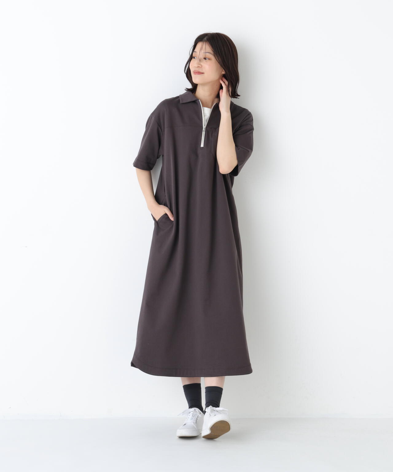 ハーフジップカットソーワンピース