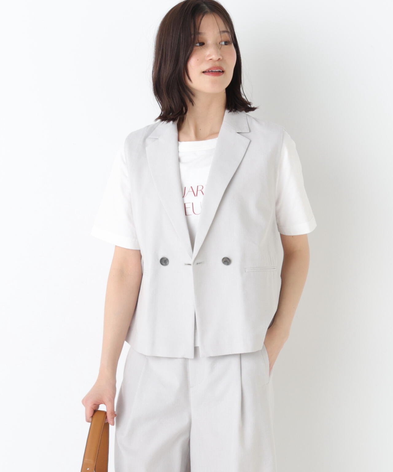 《定番素材 / 洗える》ドライタッチリネン混ショートジレ