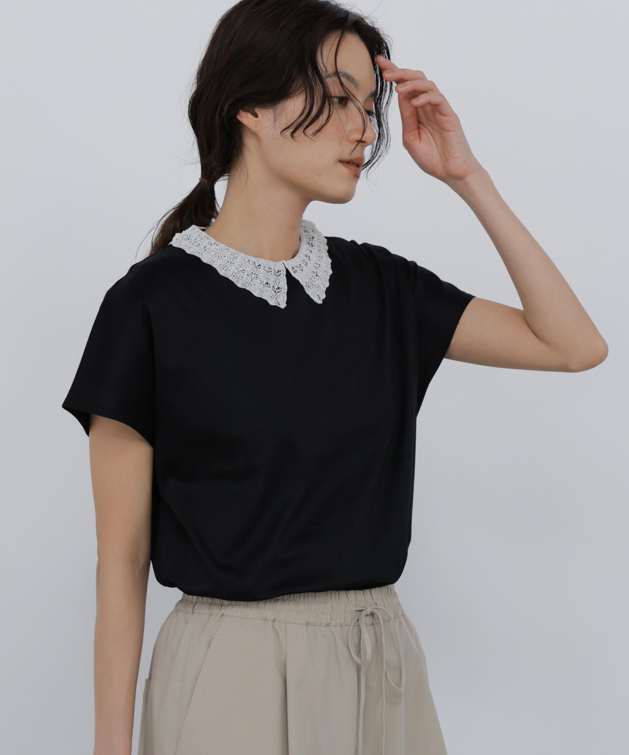 《洗える》レース衿スムースTシャツ