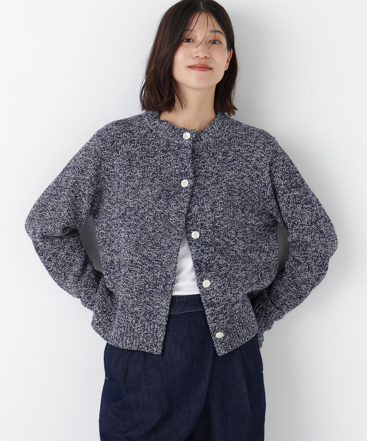 《洗える》MIXヤーンクルーネックカーディガン