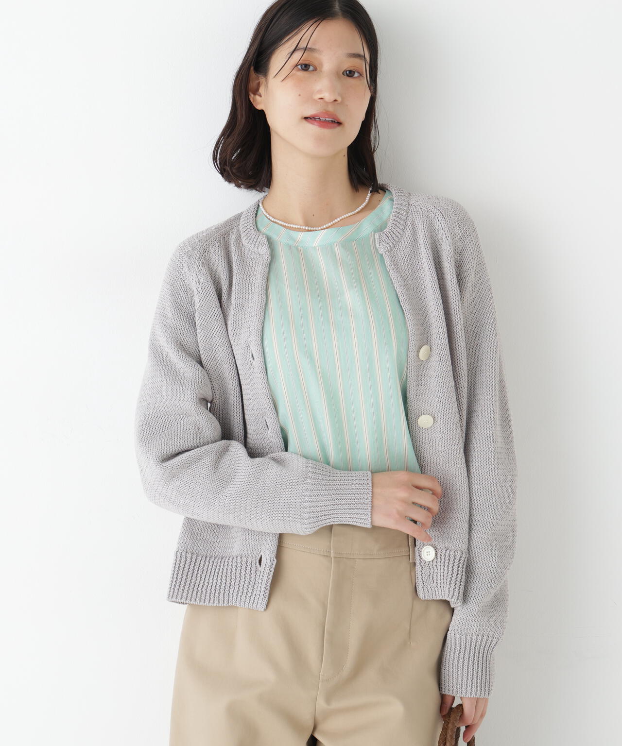 ≪定番 / 洗える≫ギマコットンキーネックニットカーディガン