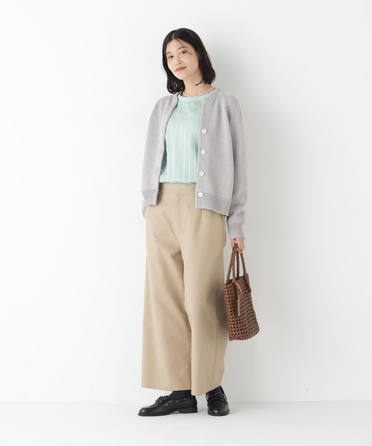 ≪定番 / 洗える≫ギマコットンキーネックニットカーディガン