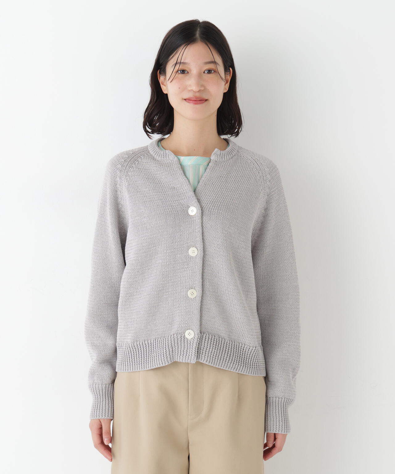 ≪定番 / 洗える≫ギマコットンキーネックニットカーディガン