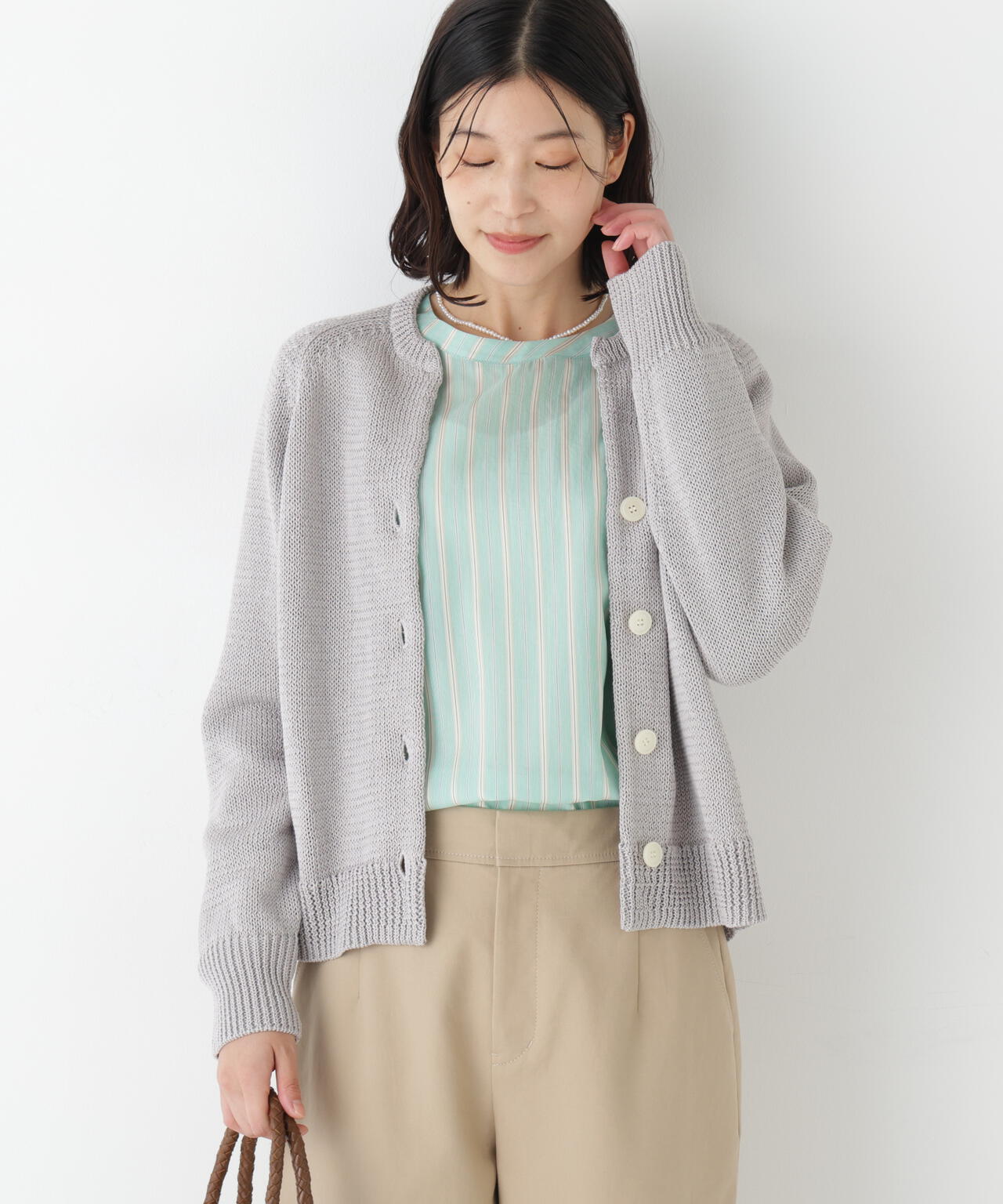 ≪定番 / 洗える≫ギマコットンキーネックニットカーディガン