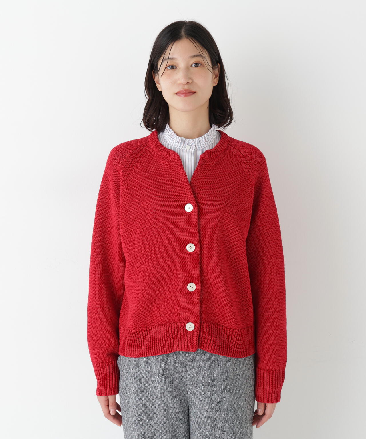 ≪定番 / 洗える≫ギマコットンキーネックニットカーディガン