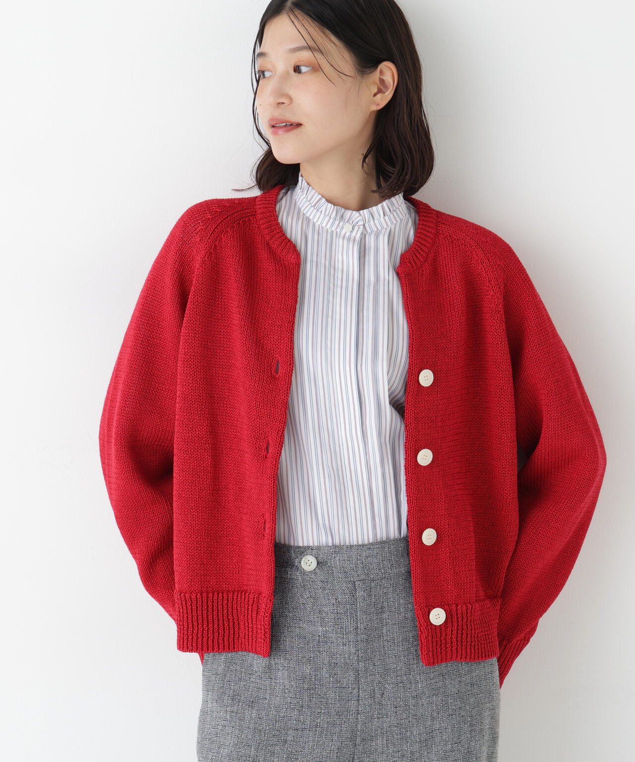 ≪定番 / 洗える≫ギマコットンキーネックニットカーディガン