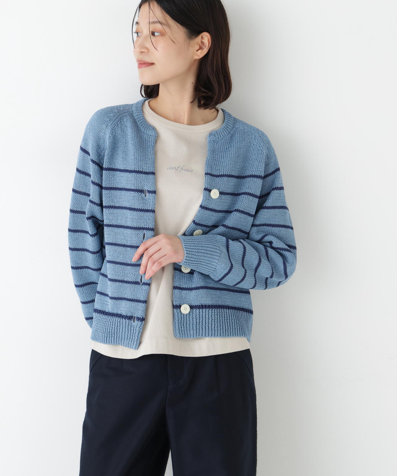 ≪定番 / 洗える≫ギマコットンキーネックニットカーディガン